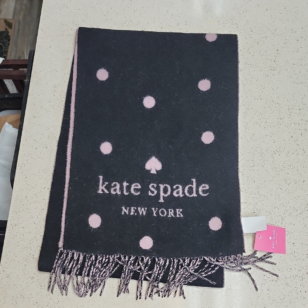 Kate Spade Black and Pink Polka Dot Scarf Cashmere And Wool!! NWT